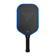 Black pickleball paddle with blue rim and visible branding on a white background
