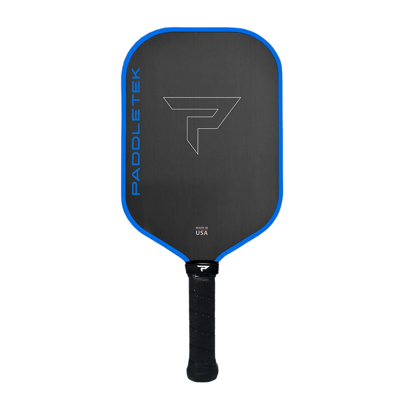 Black pickleball paddle with blue rim and visible branding on a white background
