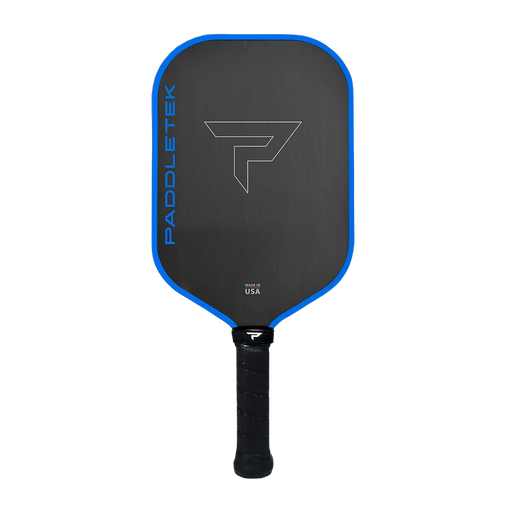 Black pickleball paddle with blue rim and visible branding on a white background