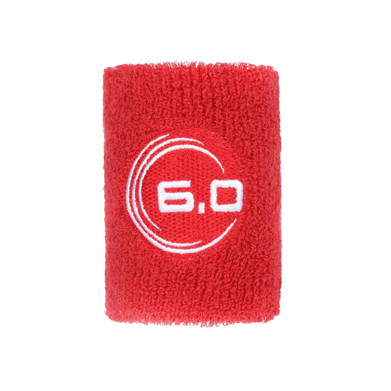 Red wristband with '6.0' logo on a white background
