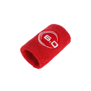 Red sweatband with a white logo on a white background