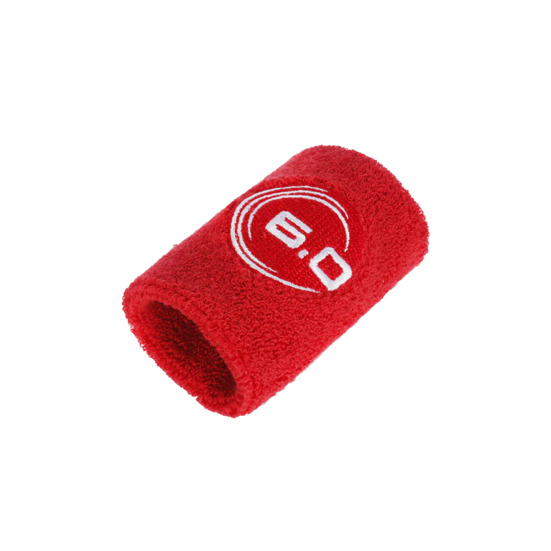 Red sweatband with a white logo on a white background