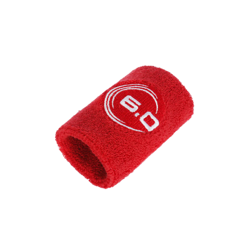 Red sweatband with a white logo on a white background