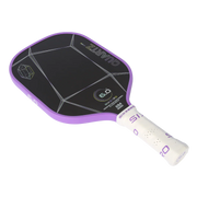 Purple and black pickleball paddle with white handle on a white background
