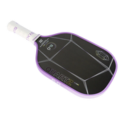 Pickleball paddle with black surface and purple border on a white background