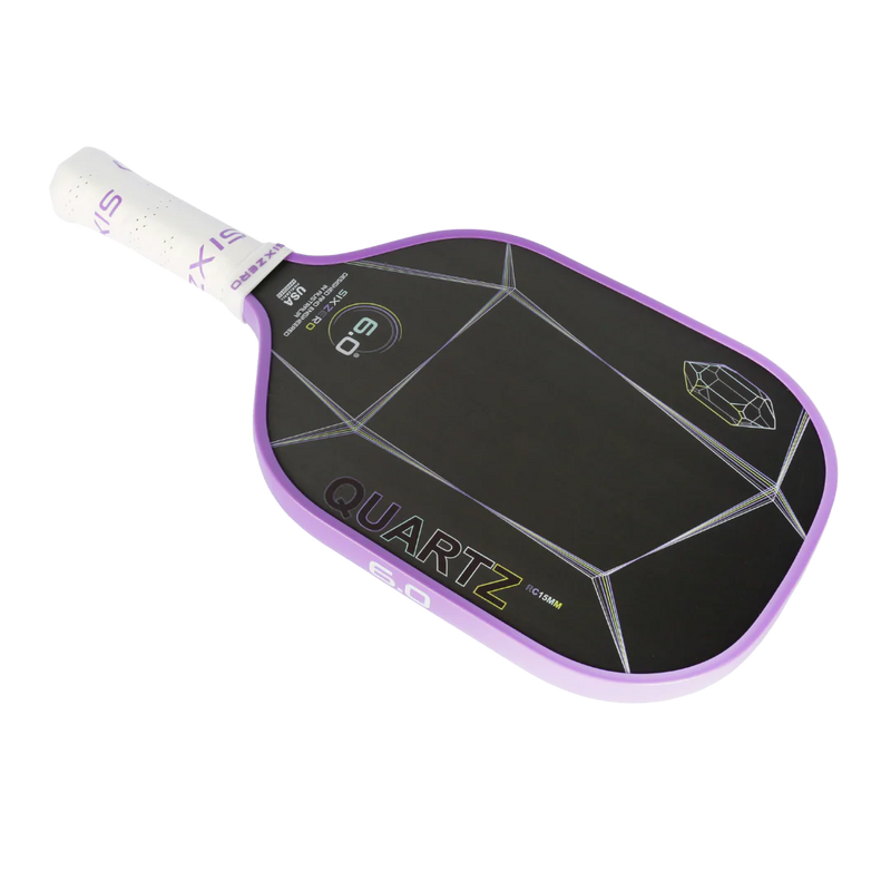 Pickleball paddle with black surface and purple border on a white background