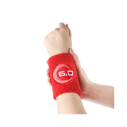 Red wristband with a logo on a white background
