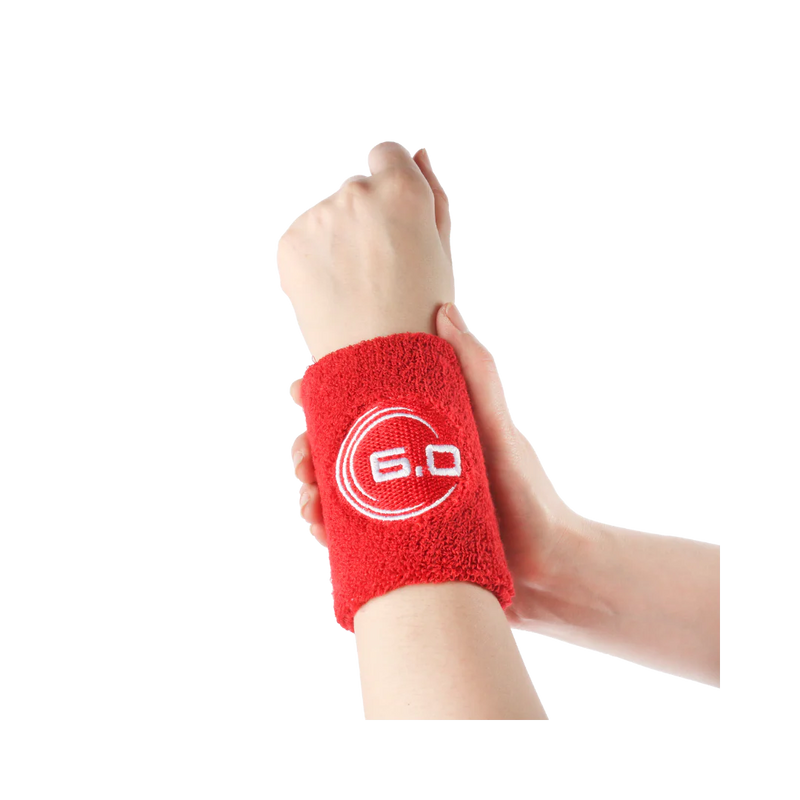 Red wristband with a logo on a white background