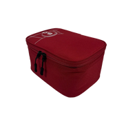Red rectangular pouch with a black zipper on a white background