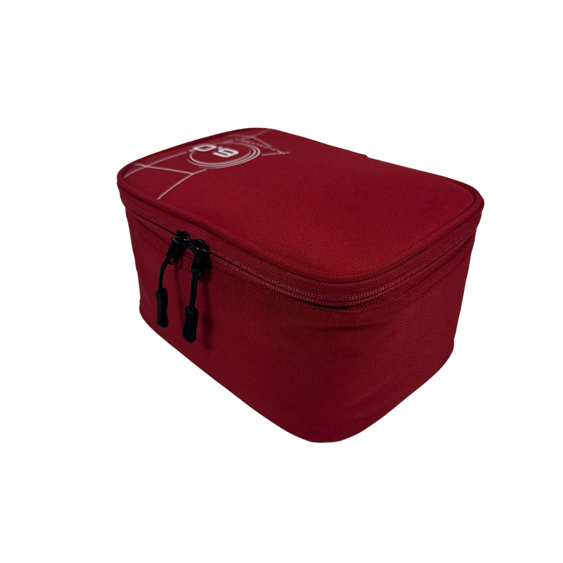 Red rectangular pouch with a black zipper on a white background