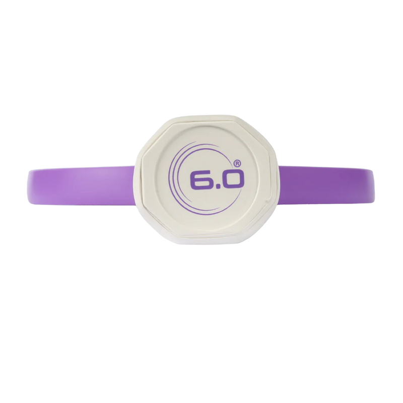Purple and white resistance band with '6.0' marking on a white background