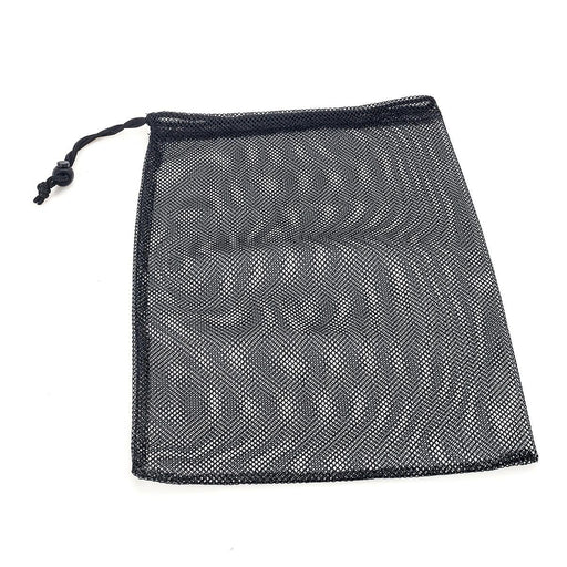 Black mesh drawstring bag on a white background