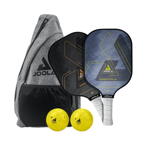Joola pickleball paddles and balls with a gray bag on a white background