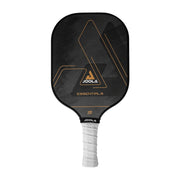 Black pickleball paddle with gold accents and Joola branding on a white background