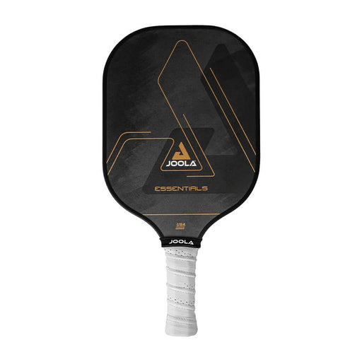 Black pickleball paddle with gold accents and Joola branding on a white background