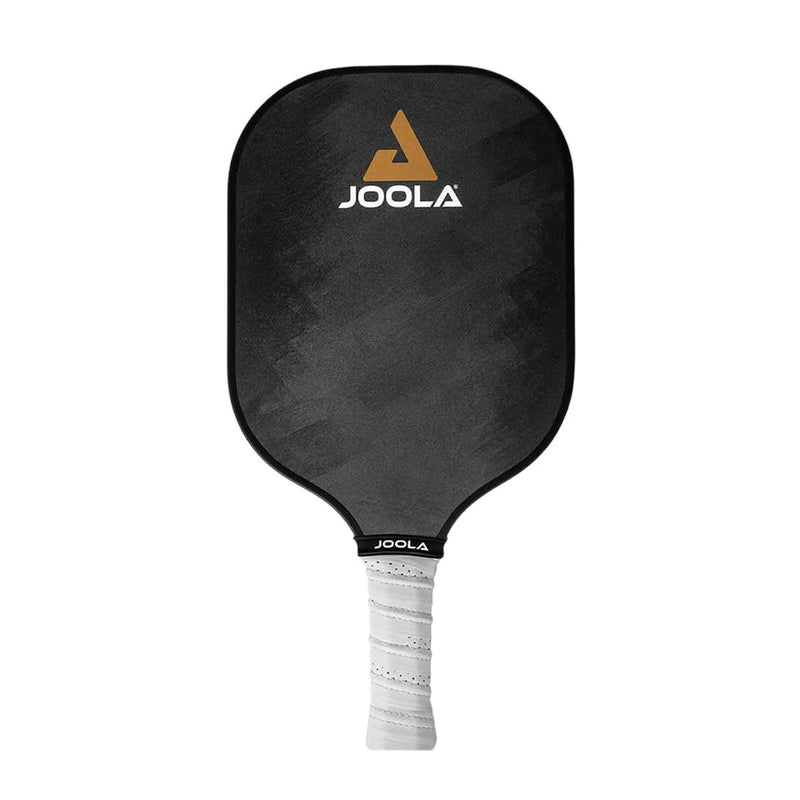 Black pickleball paddle with Joola branding on a white background