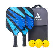 Two blue pickleball paddles with black handles and a gray Joola bag on a white background.