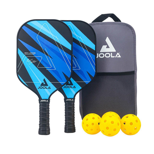 Two blue pickleball paddles with black handles and a gray Joola bag on a white background.