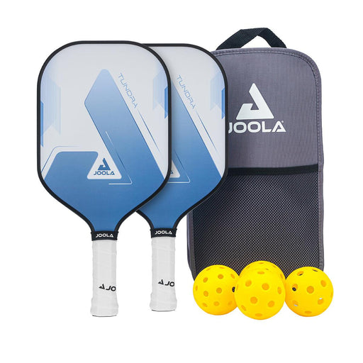 Two blue paddles, 4yellow pickleballs, and a gray carrying case on a white background. Joola branding is visible.