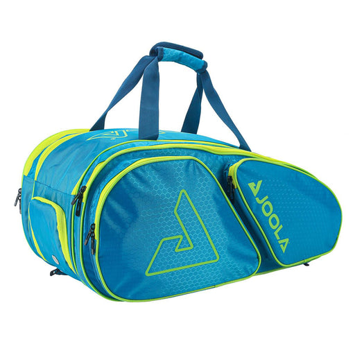 Blue and green sports bag with a visible brand logo on a white background