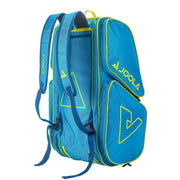 Blue and yellow Joola backpack on a white background