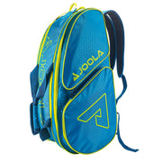 Blue and yellow Joola backpack on a white background