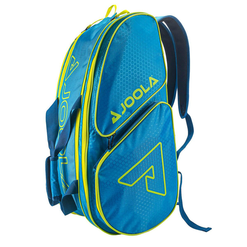Blue and yellow Joola backpack on a white background