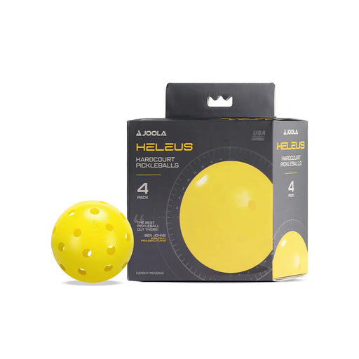 Yellow pickleball next to its packaging on a white background