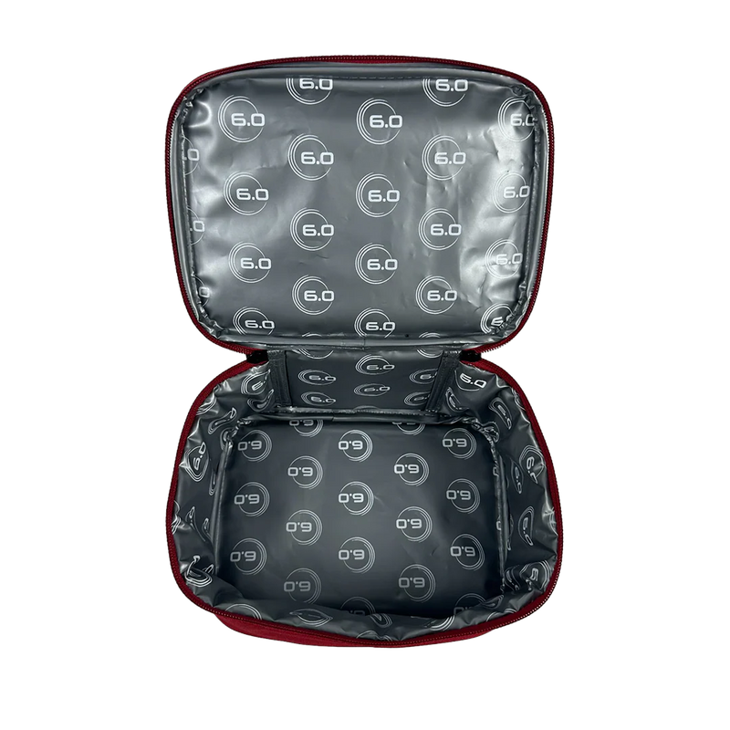 Open black case with red interior and '6.0' pattern on a white background