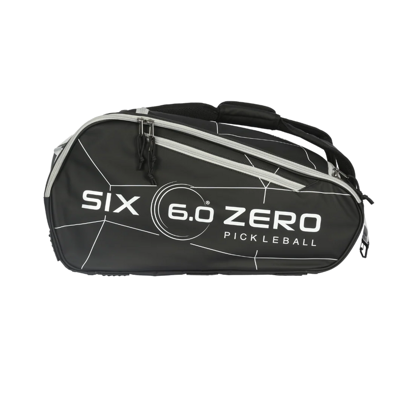 Black pickleball bag with 'Six 6.0 Zero' branding on a white background
