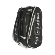 Black pickleball bag with white text on a white background