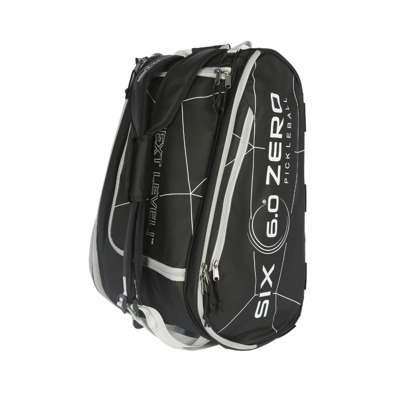 Black pickleball bag with white text on a white background