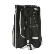 Black and gray backpack with visible branding on a white background