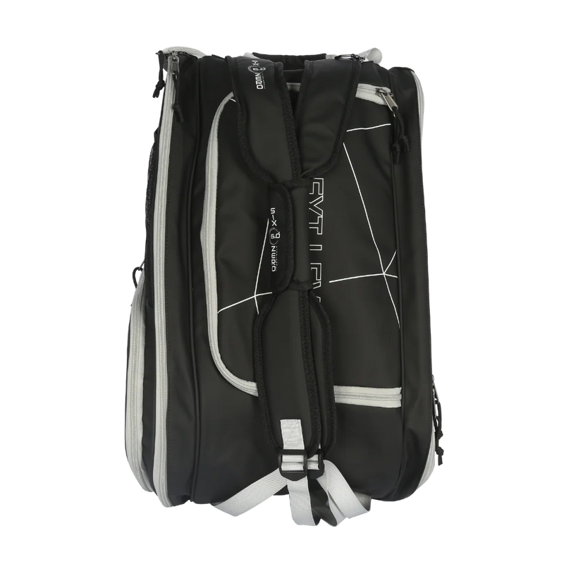 Black and gray backpack with visible branding on a white background