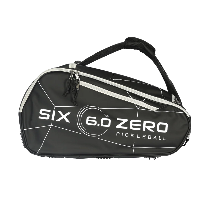 Black pickleball bag with 'Six 6.0 Zero' branding on a white background