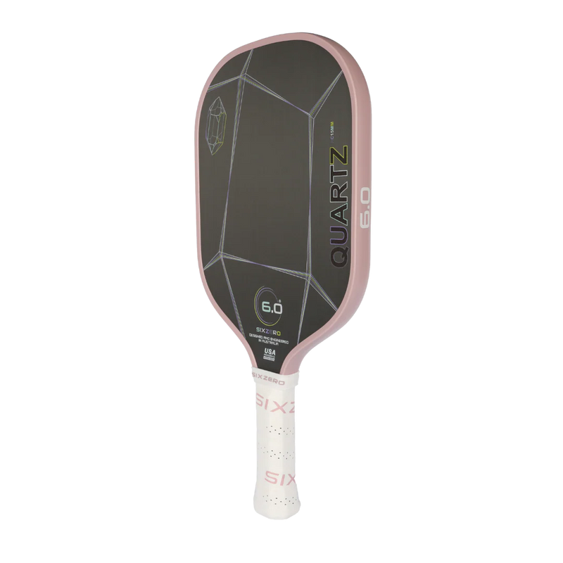 Pickleball paddle with 'Quartz 6.0' branding on a white background