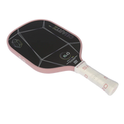 Pink and black pickleball paddle on a white background