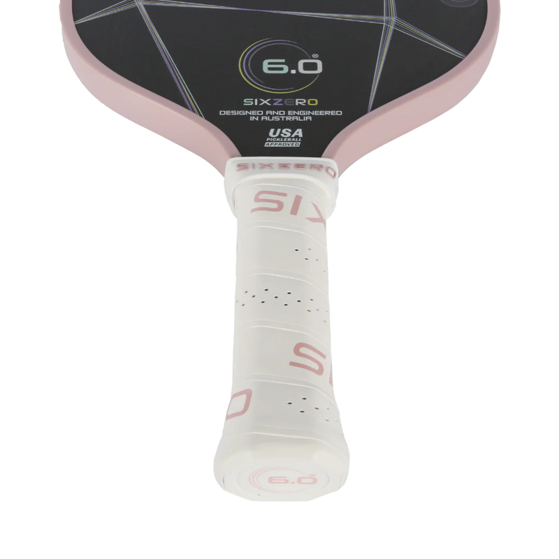Close-up of a pink and black paddle with 'SixZero' branding on a white background