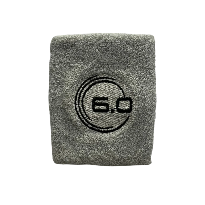 Gray wristband with '6.0' logo on a white background