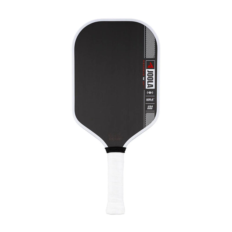 Black pickleball paddle with white handle on a white background
