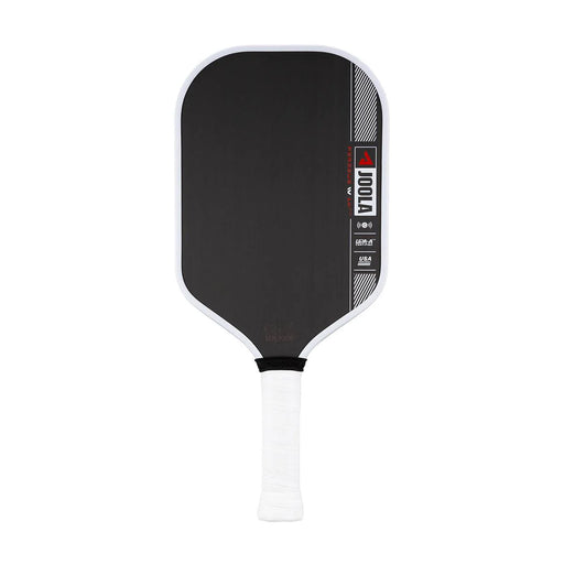 Black pickleball paddle with white handle on a white background
