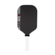Black pickleball paddle with white handle on a white background