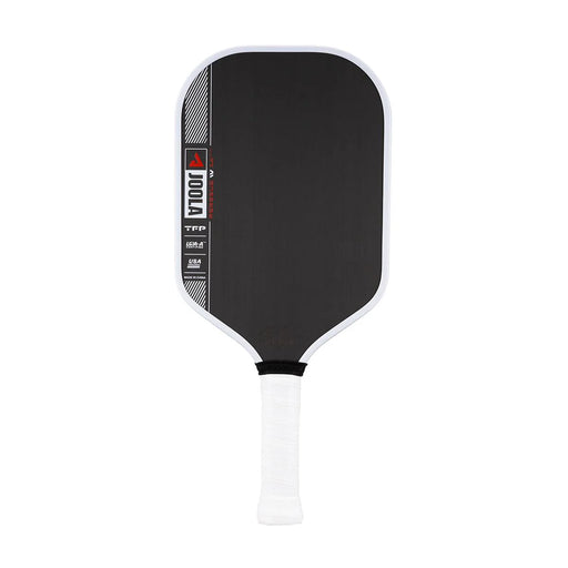 Black pickleball paddle with white handle on a white background