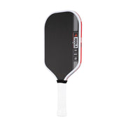 Black pickleball paddle with white handle on a white background