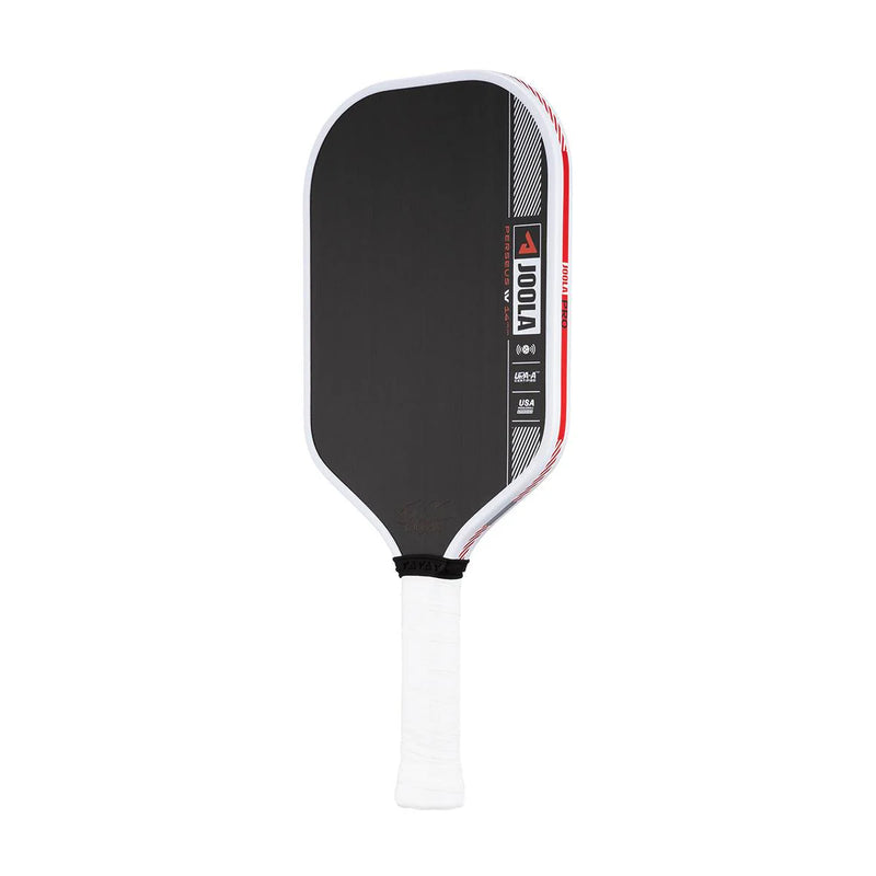 Black pickleball paddle with white handle on a white background