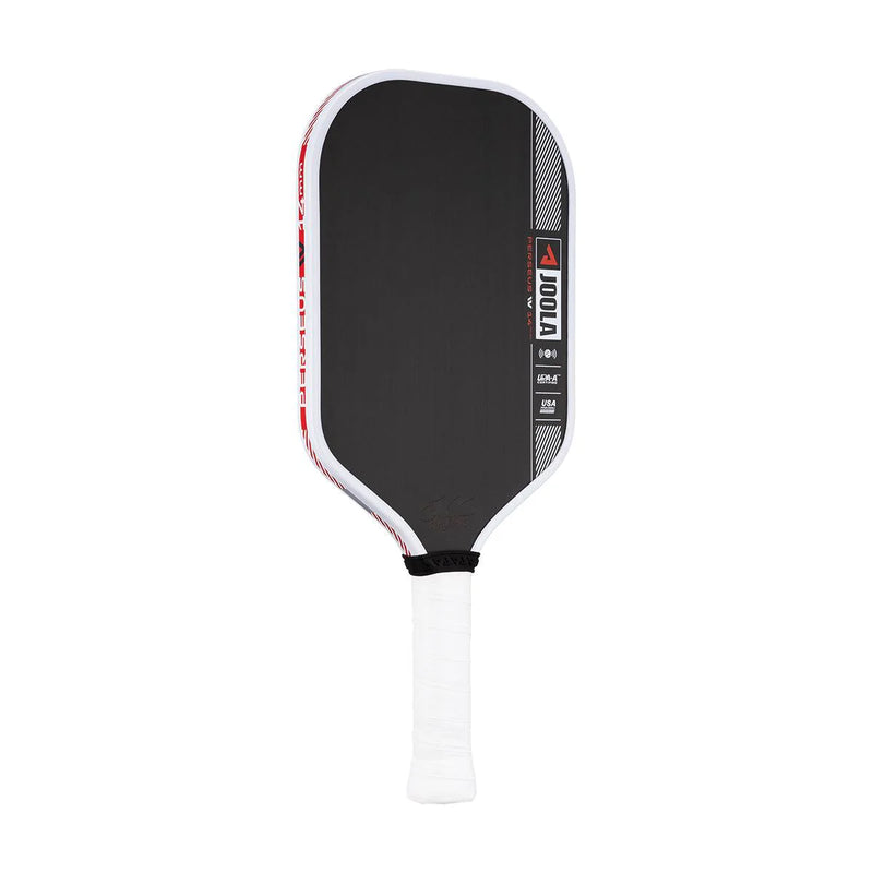 Pickleball paddle with black and white design on a white background