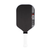 Black pickleball paddle with a white handle on a white background