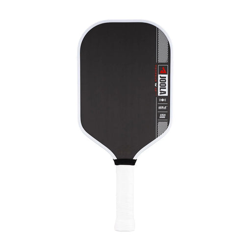 Black pickleball paddle with a white handle on a white background