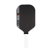 Black pickleball paddle with white handle on a white background