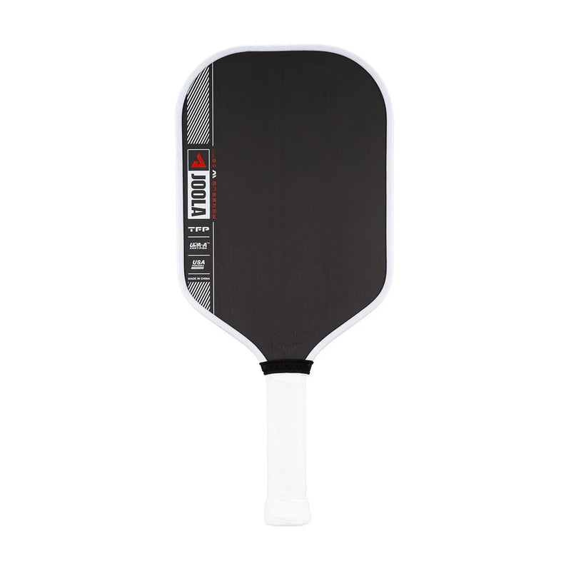 Black pickleball paddle with white handle on a white background